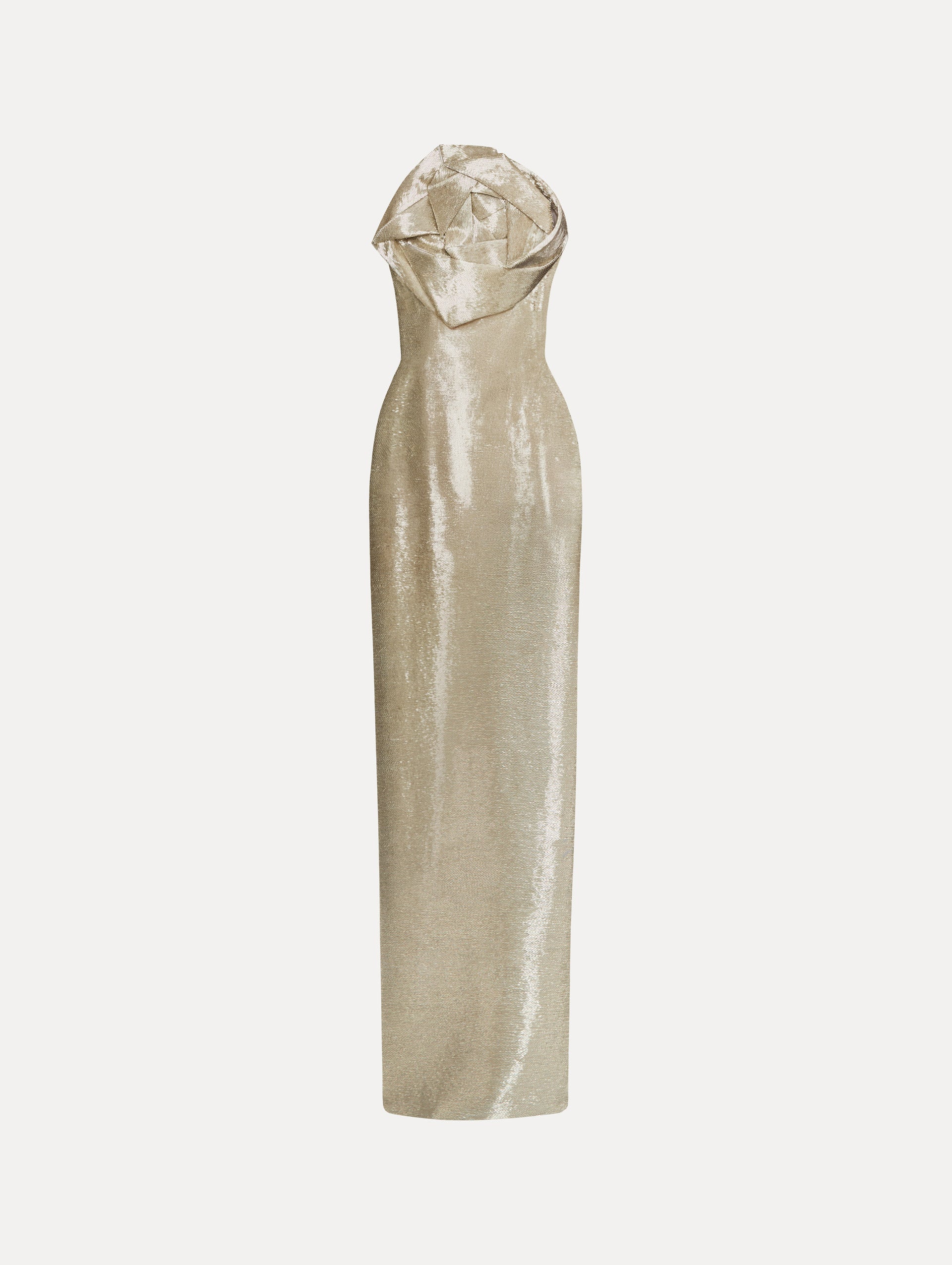 Silver Strapless Rosette Bugle Bead Column Gown Front View