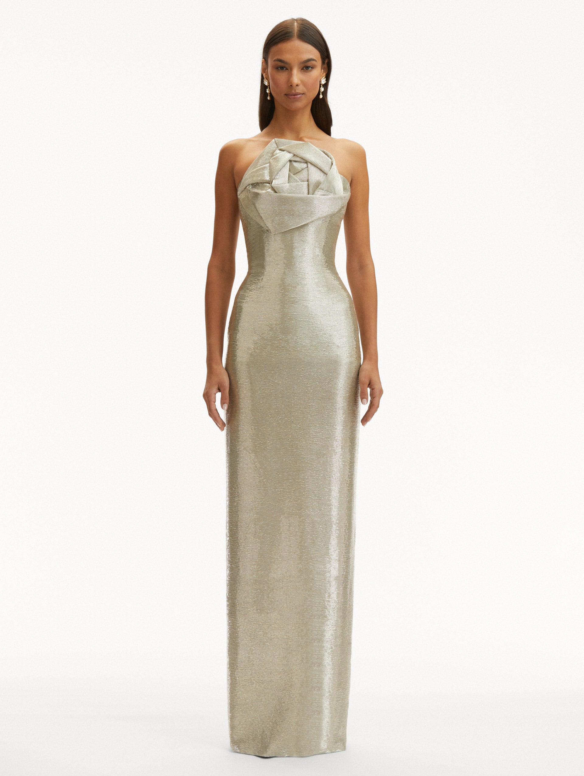 Silver Strapless Rosette Bugle Bead Column Gown Front View