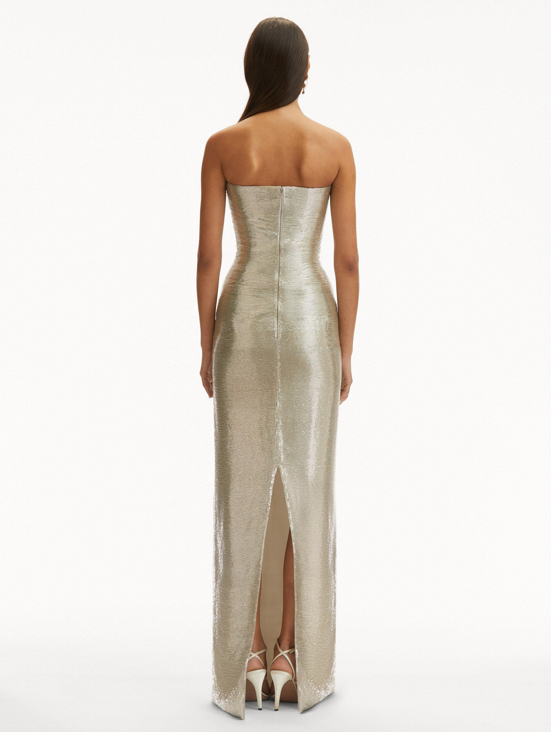 Silver Strapless Rosette Bugle Bead Column Gown Back View
