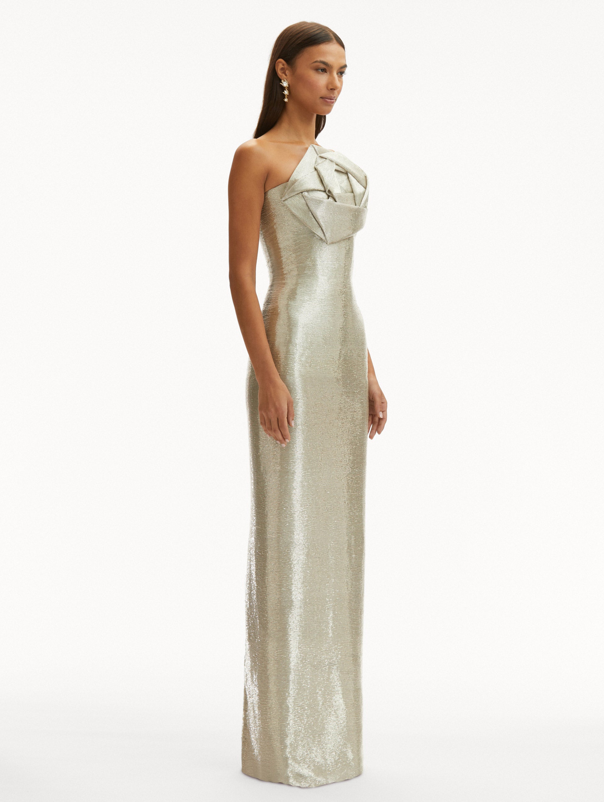 Silver Strapless Rosette Bugle Bead Column Gown Side View